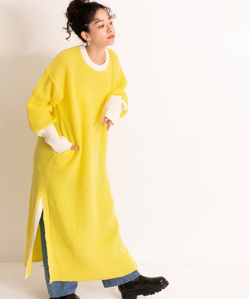 bohmal(ボマール)の「バイカラーボリュームスリーブニットワンピース(ワンピース・レディース・ブラック/イエロー/グリーン・FREE)」の1枚目の写真
