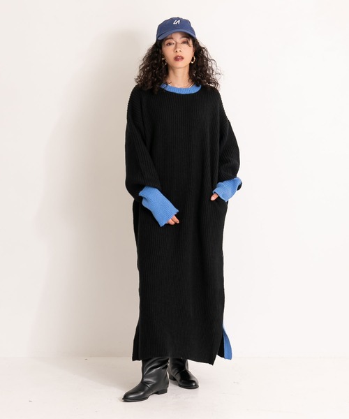 bohmal(ボマール)の「バイカラーボリュームスリーブニットワンピース(ワンピース・レディース・ブラック/イエロー/グリーン・FREE)」の4枚目の写真