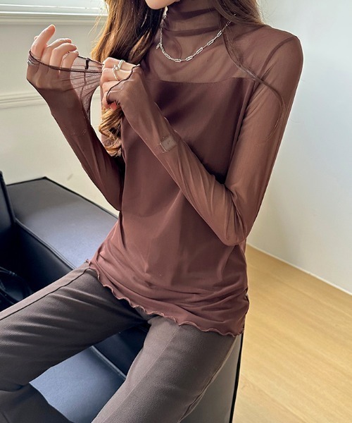 COCOMOMO(ココモモ)の「裏起毛シアートップス ハイネック シアートップス メローフリル 裏起毛 長袖 シアー シースルー トップス レイヤードインナー 秋服 冬服(Tシャツ/カットソー・レディース・ブラウン/ネイビー/ホワイト/ブラック/グレー・FREE)」の16枚目の写真