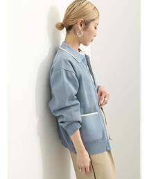 Samansa Mos2 blue | 衿付ジップニットカーディガン(カーディガン/ボレロ)