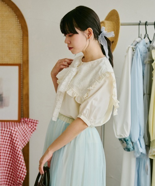クティールとレトロ】ビッグ襟レースリボンブラウス（シャツ/ブラウス