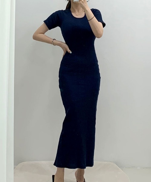 セール】スリムリブワンピース ロング丈 半袖（ワンピース）｜VIVID