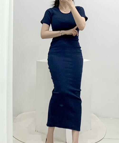 セール】スリムリブワンピース ロング丈 半袖（ワンピース）｜VIVID