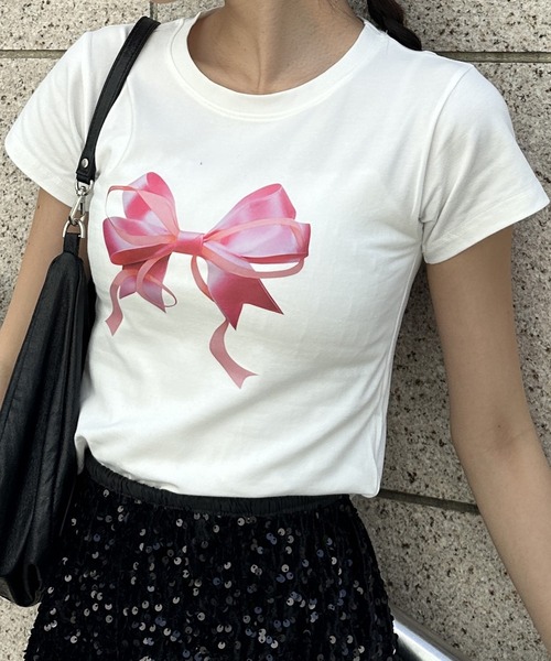 Silly(シリー)の「プリントリボンTシャツ(Tシャツ/カットソー・レディース・シルバー/ピンク・SMALL/MEDIUM/LARGE)」の3枚目の写真