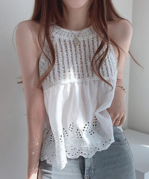 tシャツ カギ針×オーバーレースドッキングアメスリタンクトップ レディース カギ針×オーバーレースドッキングアメスリタンクトップ（Tシャツ