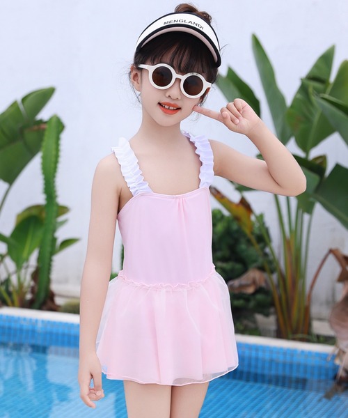 キッズ水着 フリルバッククロスチュールワンピース風オールインワン