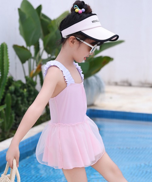 キッズ水着 フリルバッククロスチュールワンピース風オールインワン