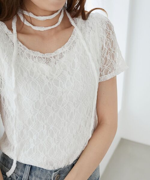 MAJESTIC LEGON（マジェスティックレゴン）の「チョーカー付半袖レーストップス（Tシャツ/カットソー・レディース・オフホワイト/アイボリー/ブラック・MEDIUM）」の19枚目の写真