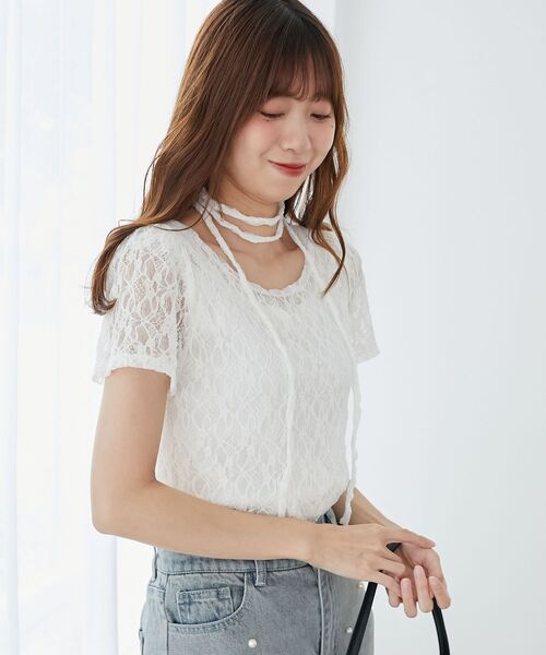 MAJESTIC LEGON（マジェスティックレゴン）の「チョーカー付半袖レーストップス（Tシャツ/カットソー・レディース・オフホワイト/アイボリー/ブラック・MEDIUM）」の17枚目の写真