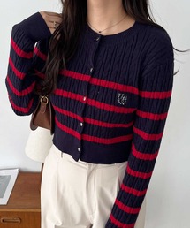 ショート丈ケーブルニット刺繍ボーダーカーディガン