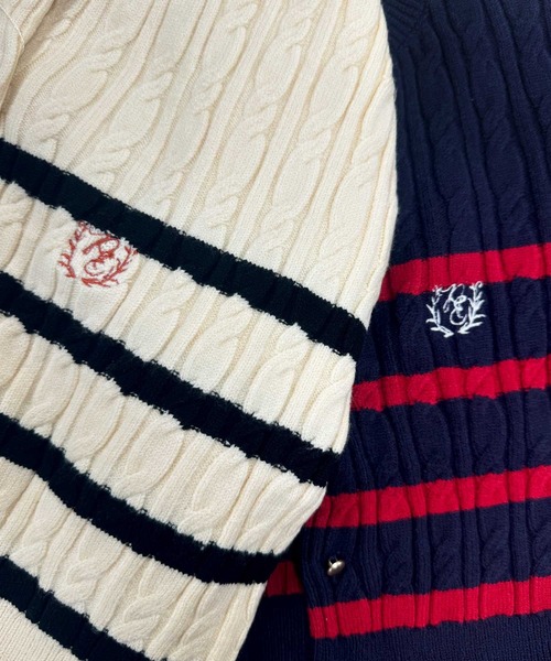nelliy.(ネルリー)の「ショート丈ケーブルニット刺繍ボーダーカーディガン(カーディガン/ボレロ・レディース・アイボリー/ネイビー/ピンク・LARGE/MEDIUM)」の4枚目の写真
