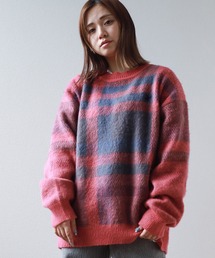【BEVERLY HILLS POLO CLUB/ビバリーヒルズポロクラブ】ブランドロゴ ワンポイント刺繍&マルチチェック柄デザイン モヘアタッチ クルーネックニット/ビッグシルエット