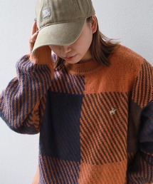 【BEVERLY HILLS POLO CLUB/ビバリーヒルズポロクラブ】ブランドロゴ ワンポイント刺繍&マルチチェック柄デザイン モヘアタッチ クルーネックニット/ビッグシルエット