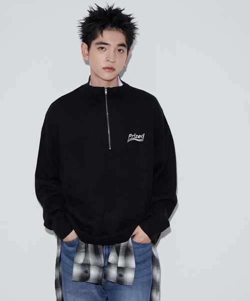 WEGO(ウィゴー)の「WEGO/ワンポイントハーフジッププルオーバー(ニット/セーター・メンズ・ネイビー/オフホワイト/ブラック・MEDIUM/LARGE)」の1枚目の写真