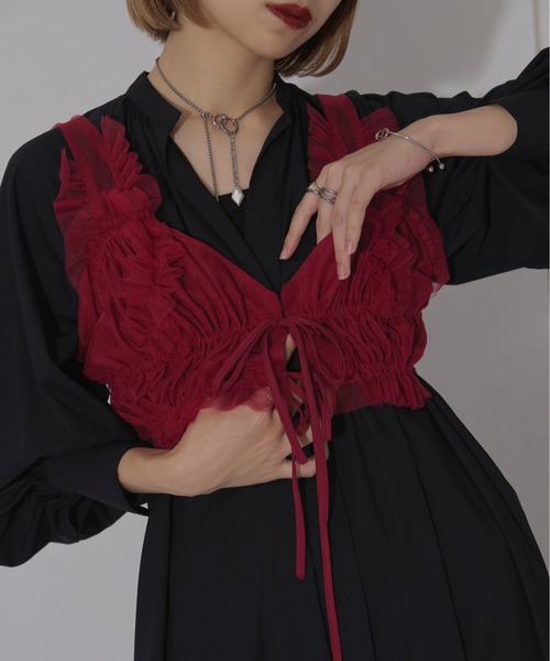 Ezick（エジック）の「Doll mood チュールフリルビスチェ（ベスト・レディース・キャメル/ボルドー/ブラック・FREE）」の3枚目の写真