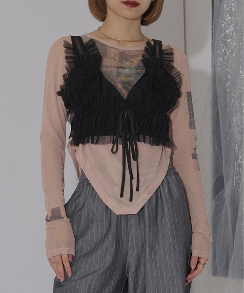 Ezick（エジック）の「Doll mood チュールフリルビスチェ（ベスト・レディース・キャメル/ボルドー/ブラック・FREE）」の4枚目の写真