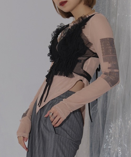 Ezick（エジック）の「Doll mood チュールフリルビスチェ（ベスト・レディース・キャメル/ボルドー/ブラック・FREE）」の5枚目の写真