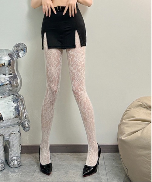 Burner（バーナー）の「【OKUOKU　0909】フラワーレースタイツ カラータイツ oku-tights-760708725541-4　N（タイツ/ストッキング・レディース・パープル系その他2/ブルー系その他2/ピンク/ブルー系その他/ホワイト/ブラック/パープル系その他/ワイン・FREE）」の2枚目の写真