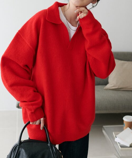 DISCOAT（ディスコート）の「【WEB限定】スキッパーニット《ユニセックス》（ニット/セーター・レディース・レッド/ブラック/アイボリー・FREE）」の14枚目の写真