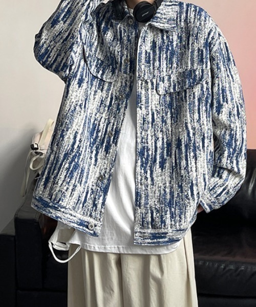 link lot(リンクロット)の「ジャガード 総柄シャツブルゾン(ブルゾン・メンズ・ブラック/ブルー・M/L)」の1枚目の写真
