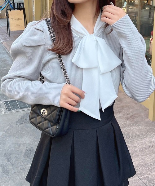 INGNI（イング）の「シアーボウタイニット（ニット/セーター・レディース・ブラック×ホワイト/ピンク系2/グレー×ホワイト/オフホワイト・M）」の3枚目の写真