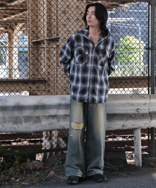 WEGO（ウィゴー）の「WEGO/【25年春夏新作】オンブレチェックフードシャツ（シャツ/ブラウス・メンズ・ブラック系その他2/ブルー系その他2・MEDIUM/LARGE）」の4枚目の写真