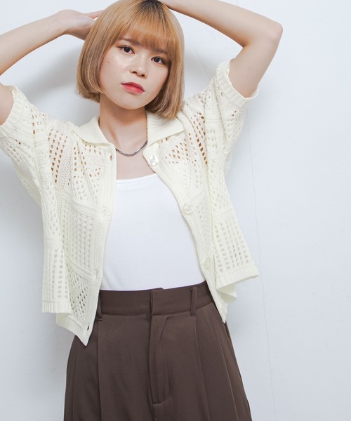 Chillfar(チルファー)の「メッシュクロシェカーデ(カーディガン/ボレロ・レディース・ブラウン/ブラック/ブルー/オフホワイト・FREE)」の2枚目の写真
