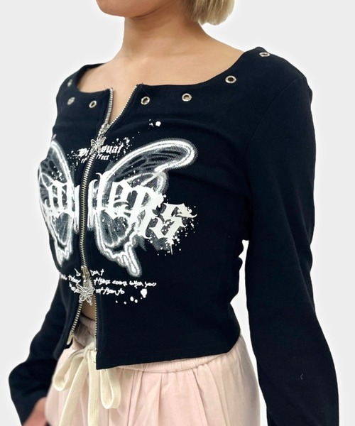 セール】【ampm】フロントジップ蝶プリントLSTシャツ（Tシャツ