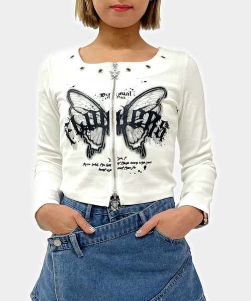 セール】【ampm】フロントジップ蝶プリントLSTシャツ（Tシャツ