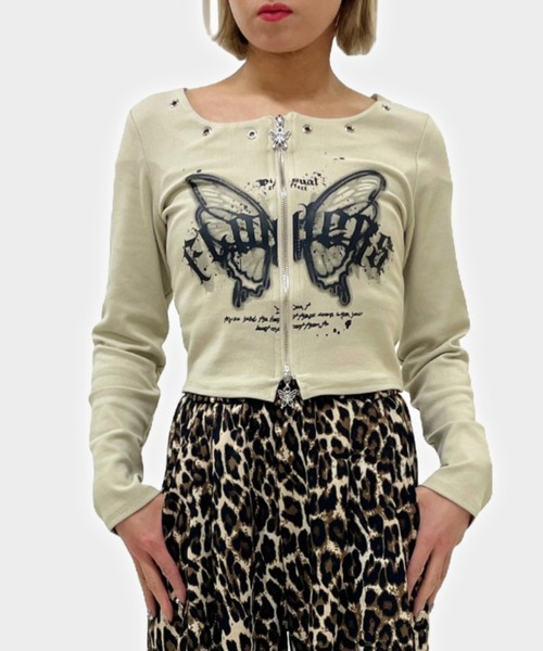 セール】【ampm】フロントジップ蝶プリントLSTシャツ（Tシャツ