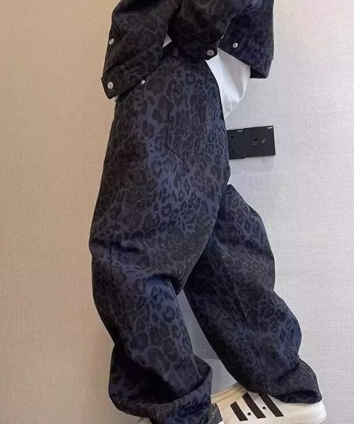 セール】レオパード柄 ルーズシルエットワイドデニムパンツ ヒョウ柄 セール】レオパード柄 ルーズシルエットワイドデニムパンツ ヒョウ柄
