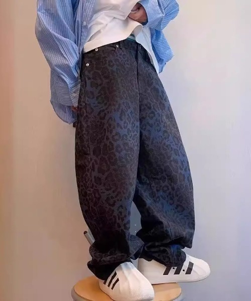 セール】レオパード柄 ルーズシルエットワイドデニムパンツ ヒョウ柄