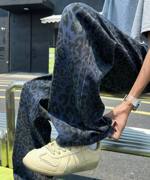 セール】レオパード柄 ルーズシルエットワイドデニムパンツ ヒョウ柄