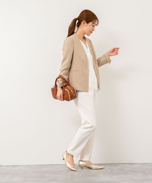 NOLLEY'S ノーリーズ ベージュ パンツスーツ ノーカラージャケット セール】《セットアップ対応》ウォッシャブルツイルノーカラー