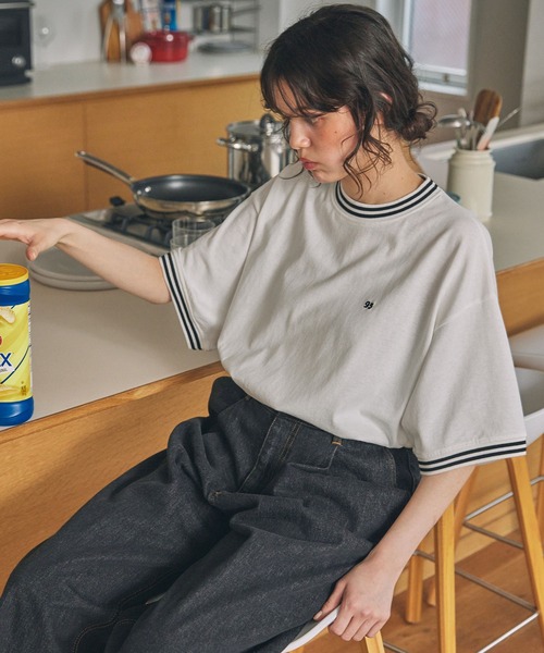 ナンバリング刺繍 リブライン オーバーサイズ半袖Tシャツ MONO-MART