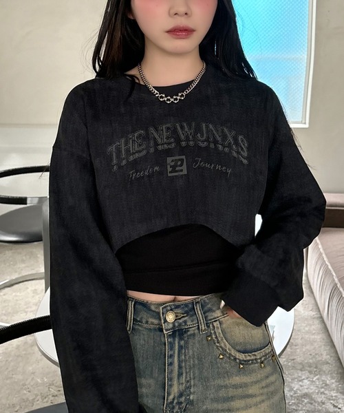 VQ（ブイキュー）の「USED manufacturing Layered cropped Long sleeve T-shirt / 【ヴィンテージ加工】 レイヤード クロップド ロンT / インナーのタンクトップもセットです。（Tシャツ/カットソー・レディース・ライトグレー/ダークグレー・FREE）」の3枚目の写真