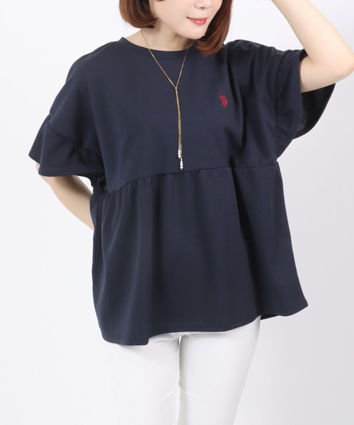 U.S. POLO ASSN.(ユーエスポロアッスン)の「U.S. POLO ASSN. UVカット・吸汗速乾 梨地 袖フリルぺプラムTシャツ レディース/プルオーバートップス(Tシャツ/カットソー・レディース・ネイビー/アイボリー/エメラルド・M/L)」の2枚目の写真