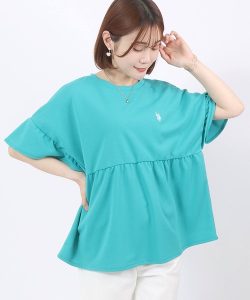 U.S. POLO ASSN.(ユーエスポロアッスン)の「U.S. POLO ASSN. UVカット・吸汗速乾 梨地 袖フリルぺプラムTシャツ レディース/プルオーバートップス(Tシャツ/カットソー・レディース・ネイビー/アイボリー/エメラルド・M/L)」の1枚目の写真
