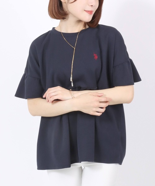 U.S. POLO ASSN.(ユーエスポロアッスン)の「U.S. POLO ASSN. UVカット・吸汗速乾 梨地 袖フリルぺプラムTシャツ レディース/プルオーバートップス(Tシャツ/カットソー・レディース・ネイビー/アイボリー/エメラルド・M/L)」の16枚目の写真