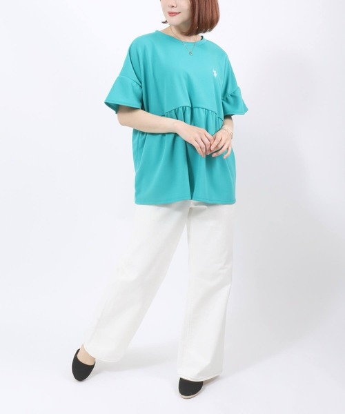 U.S. POLO ASSN.(ユーエスポロアッスン)の「U.S. POLO ASSN. UVカット・吸汗速乾 梨地 袖フリルぺプラムTシャツ レディース/プルオーバートップス(Tシャツ/カットソー・レディース・ネイビー/アイボリー/エメラルド・M/L)」の12枚目の写真