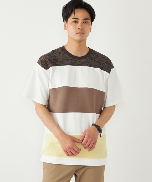 SHIPS Colors(シップス カラーズ)の「SHIPS Colors:〈洗濯機可能〉ニット 切替 ボーダー Tシャツ(Tシャツ/カットソー・メンズ・ベージュ/ネイビー/グレー/ブルー・MEDIUM/LARGE/X-LARGE)」の1枚目の写真