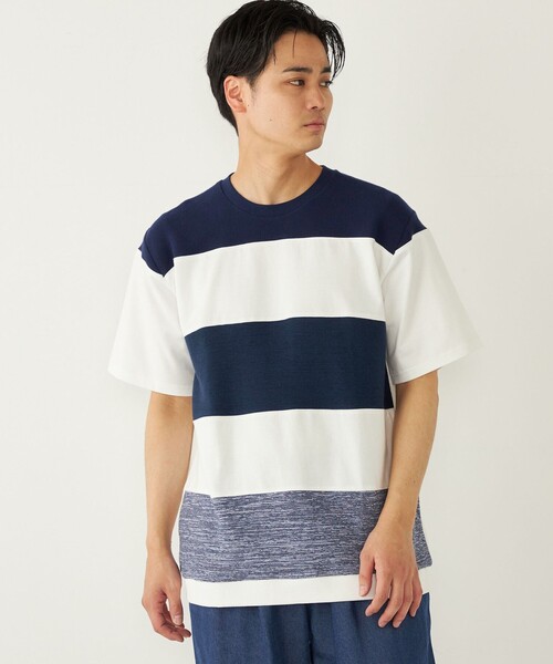 SHIPS Colors(シップス カラーズ)の「SHIPS Colors:〈洗濯機可能〉ニット 切替 ボーダー Tシャツ(Tシャツ/カットソー・メンズ・ベージュ/ネイビー/グレー/ブルー・MEDIUM/LARGE/X-LARGE)」の3枚目の写真