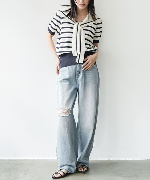 mili an deni(ミリアンデニ)の「ダメージセミワイドデニムパンツ(デニムパンツ・レディース・ブルー・M/L)」の6枚目の写真