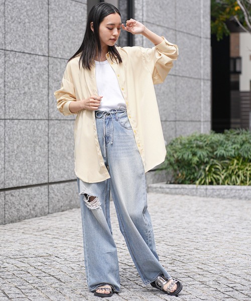 mili an deni(ミリアンデニ)の「ダメージセミワイドデニムパンツ(デニムパンツ・レディース・ブルー・M/L)」の9枚目の写真