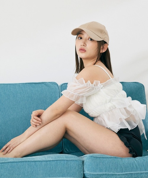 CELEN（セレン）の「【swimwear/体型カバー】チュールフレアビキニ オフショルダートップス・パンツ 2点セット（水着・レディース・ホワイト×ブラック/ブルーグレー/ピンクベージュ・FREE）」の15枚目の写真