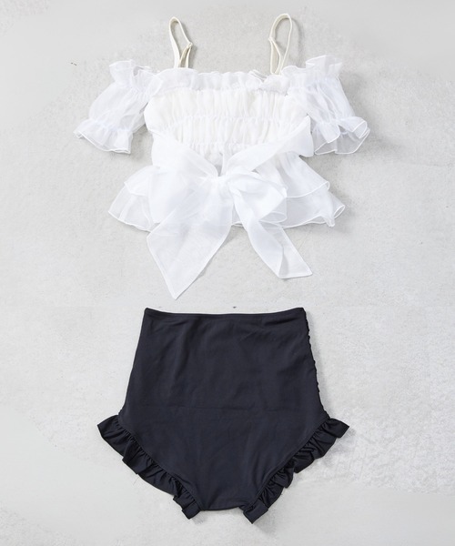 CELEN（セレン）の「【swimwear/体型カバー】チュールフレアビキニ オフショルダートップス・パンツ 2点セット（水着・レディース・ホワイト×ブラック/ブルーグレー/ピンクベージュ・FREE）」の22枚目の写真
