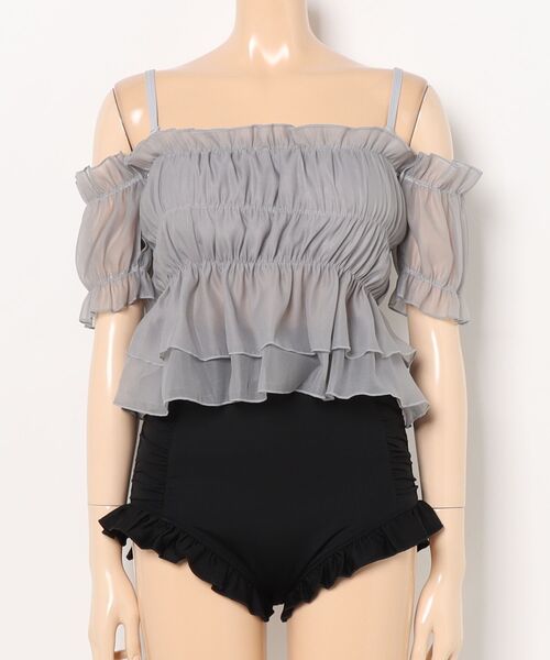 CELEN(セレン)の「【swimwear/体型カバー】チュールフレアビキニ オフショルダートップス・パンツ 2点セット(水着・レディース・ホワイト×ブラック/ブルーグレー/ピンクベージュ・FREE)」の10枚目の写真