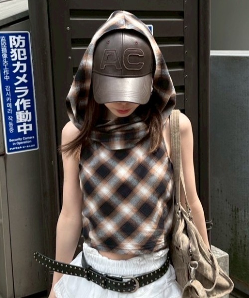 フーデッドドレープチェックタンク　ブラウン aclent フーデッドドレープチェックタンク｜ACLENT（アクレント）