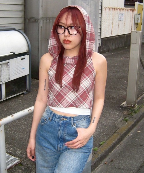 フーデッドドレープチェックタンク（Tシャツ/カットソー
