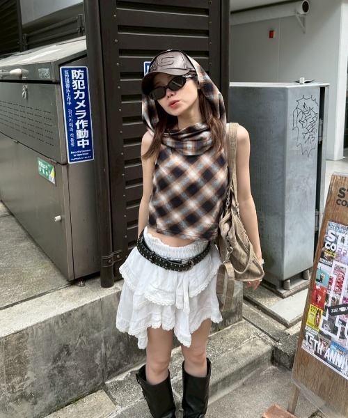 フーデッドドレープチェックタンク（Tシャツ/カットソー